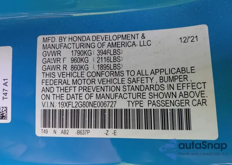 2022 Honda Civic Sport из США, поврежденный, VIN 19XFL2G80NE006727